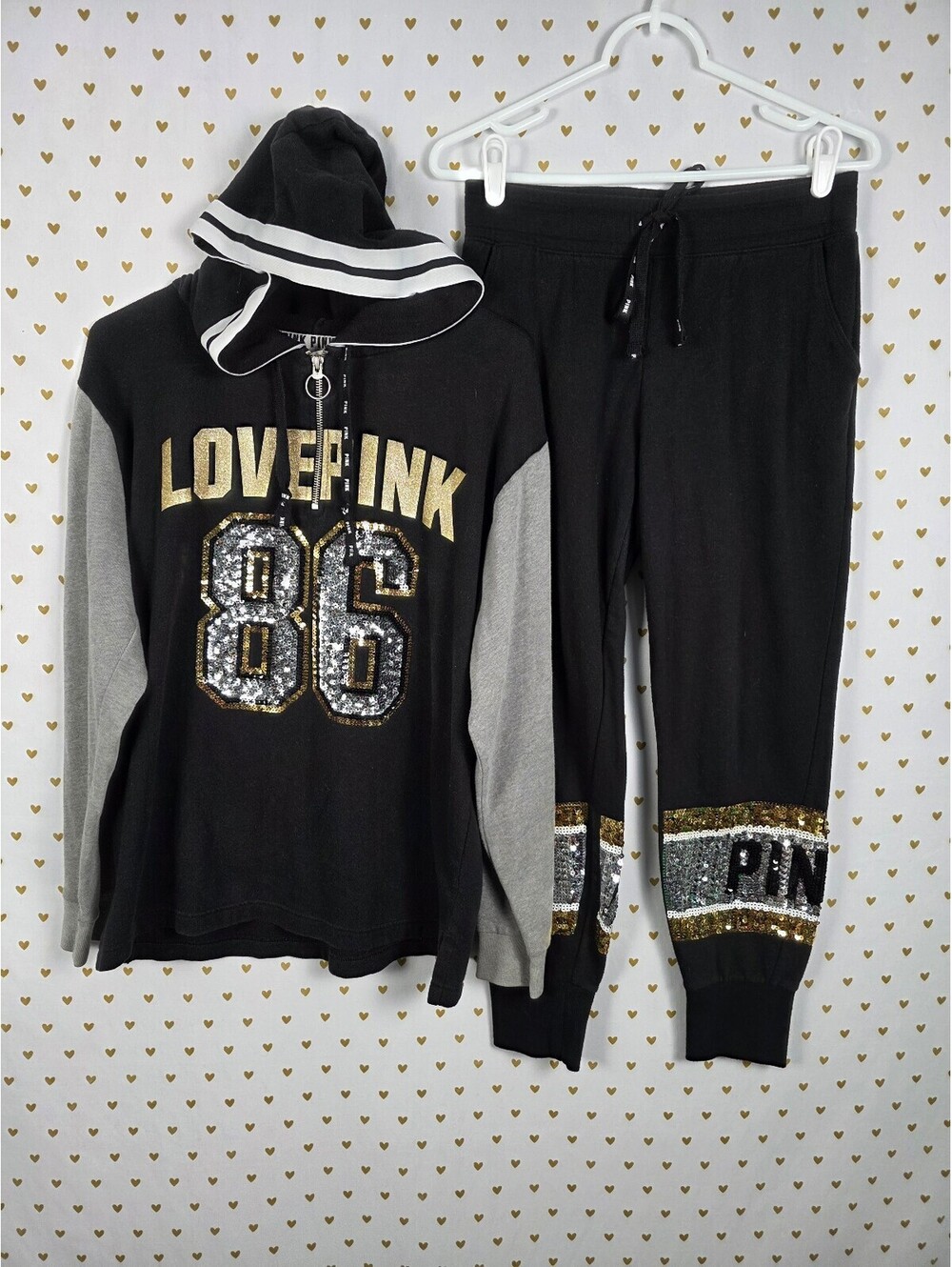 Victorias Secret Pink Bling Set Hooded Sweater Sequined Sweatpants Small